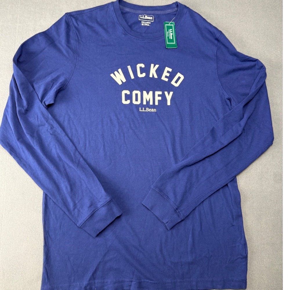 L.L. Bean T-Shirt Mens M Tall Blue Wicked Comfy Long Sleeve Graphic Tee Cotton